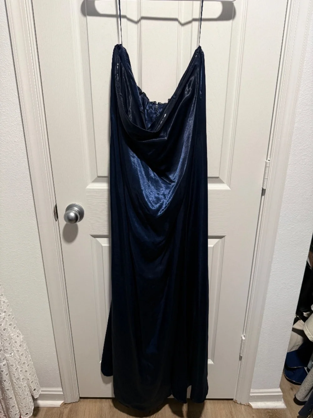 Abercrombie & Fitch Strapless Midnight Blue Satin Maxi Dress, size XL